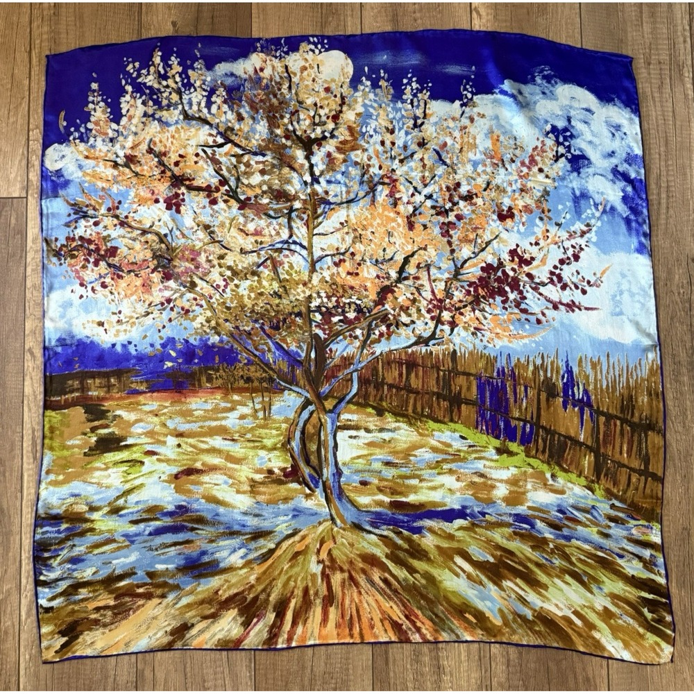 100% Silk 33" Square Scarf  Art Impressionist Tree Landscape Floral Multicolor